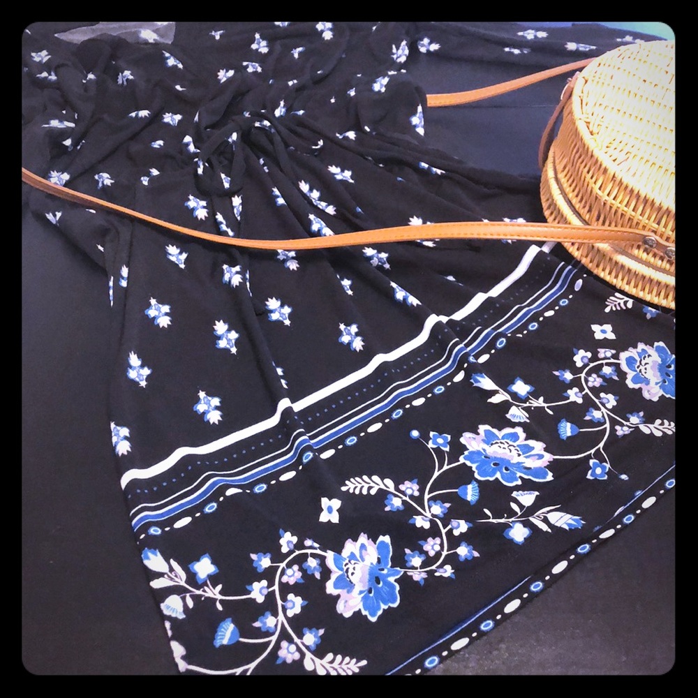 Blue Floral Pattern on Black Tunic Dress